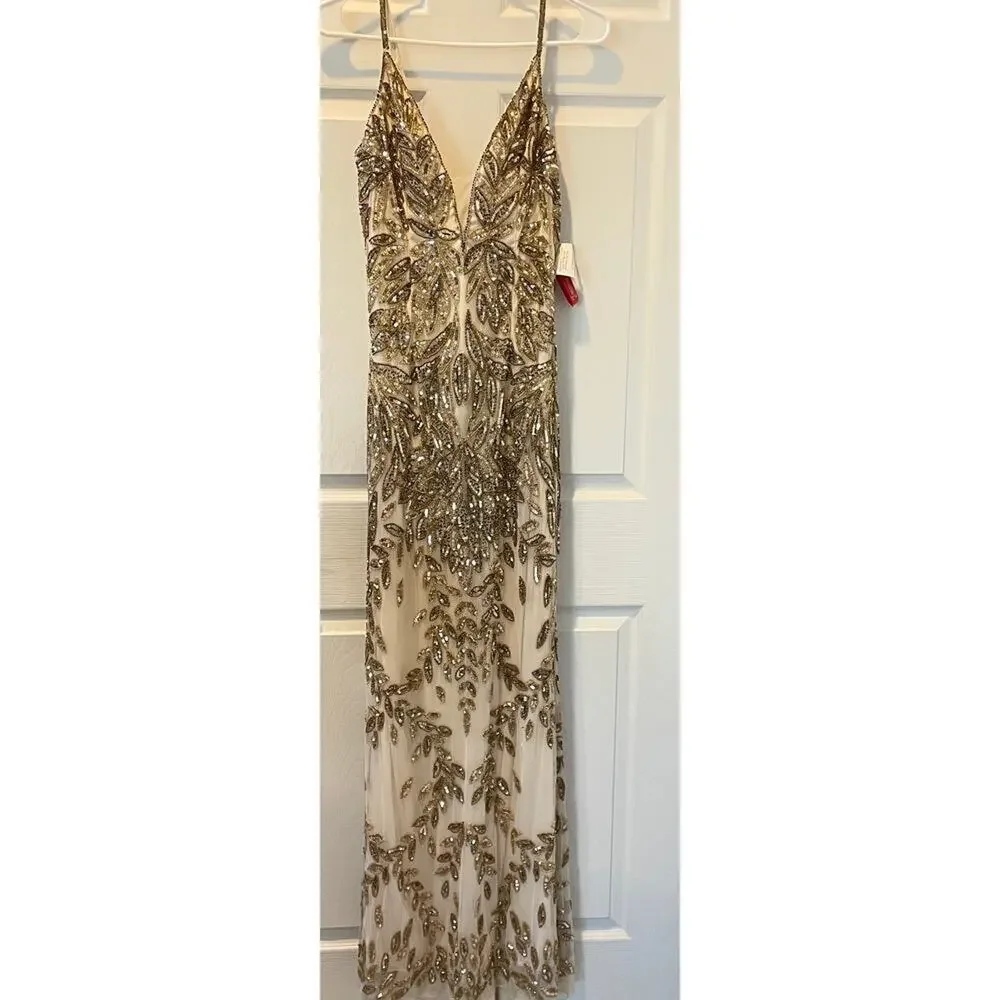 New! Mac Duggal Golden Godess Crystal Lace Trumpet Evening Gown Sz 14 NWT $698 - Picture 5 of 8
